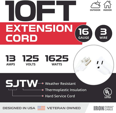 10 Ft White Extension Cord 2 Pack - 16/3 Durable Electrical Cable