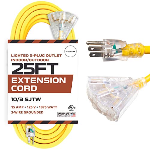 25 Foot Lighted Outdoor Extension Cord with 3 Electrical Power Outlets - 10/3 SJTW Yellow 10 Gauge Extension Cable with 3 Prong Grounded Plug for Safety