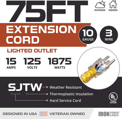 75 Foot Lighted Outdoor Extension Cord - 10/3 SJTW Yellow 10 Gauge Extension Cable with 3 Prong Grounded Plug for Safety - Great for Garden and Major Appliances