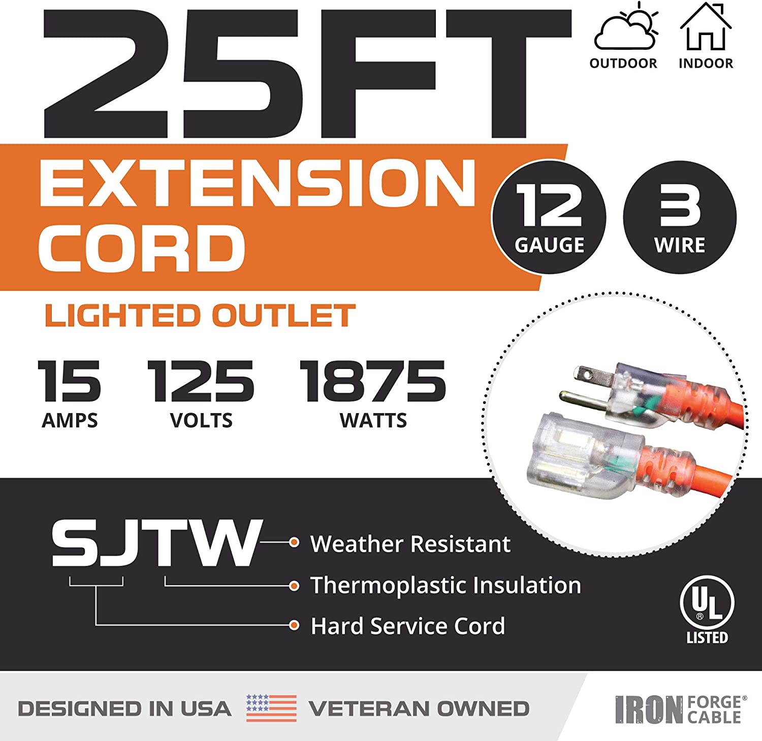 25 Ft Orange Extension Cord - 12/3 SJTW Heavy Duty Lighted Outdoor Ext -  iron forge tools