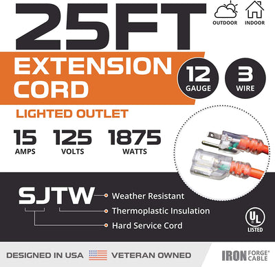 25 Ft Orange Extension Cord - 12/3 SJTW Heavy Duty Lighted Outdoor Extension Cable with 3 Prong Grounded Plug for Safety - Great for Garden & Major Appliances