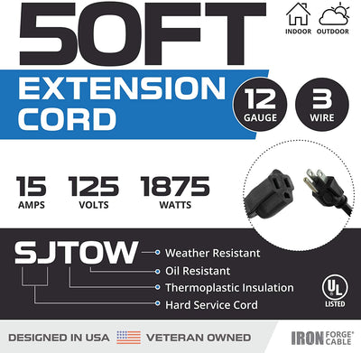 50 Ft Black Oil Resistant Extension Cord for Farms and Ranches - 12/3 SJTOW Heavy Duty Outdoor Cable with 3 Prong Grounded Plug for Safety