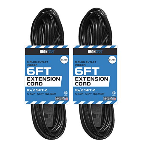 6 Ft Black Extension Cord 2 Pack - 16/2 Durable Electrical Cable