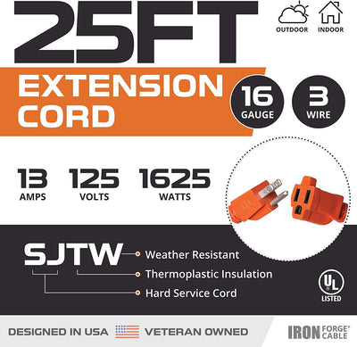 25 Ft Orange Extension Cord - 16/3 SJTW Heavy Duty Outdoor Extension Cable with 3 Prong Grounded Plug for Safety - Great for Garden & Major Appliances