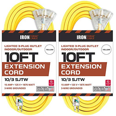 2 Pack of 10 Foot Outdoor Extension Cords with 3 Electrical Power Outlets - 10/3 SJTW Yellow 10 Gauge Lighted Extension Cable with 3 Prong Grounded Plug for Safety