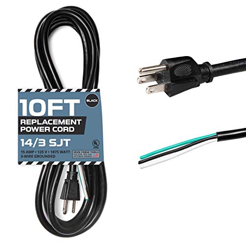 14 AWG Replacement Power Cord with Open End - 10 Ft Black Extension Cable, 14/3 SJT, NEMA 5-15P