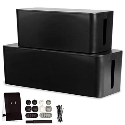 Cable Management Box, 2 Pack - Black Cord Organizer and Hider for Wires, Power Strips, Surge Protectors & More - Includes Cable Sleeve, Hook and Loop Keepers, Zip Ties & Clips