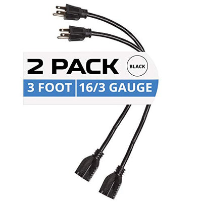2 Pack of 3 Ft Black Extension Cords - 16/3 SJTW Durable Electrical Cable Set