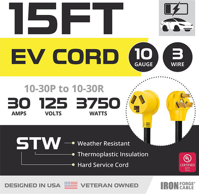 EV Extension Cord / 30 Amp Dryer 15 ft - 10-30P to 10-30R Black STW 10