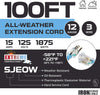 100 Ft All Weather Extension Cord - Stays Flexible in Extreme Cold & Hot Temperatures from -58¬∞F to +221¬∞F - 12/3 SJEOW Heavy Duty Lighted Outdoor Extension Cable