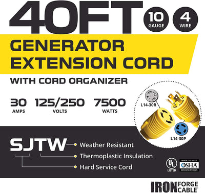 30 Amp Generator Cord - L14-30 40 Ft Generator Power Cable with Organizer 10/4 SJTW, 125/250v, 7500 Watt