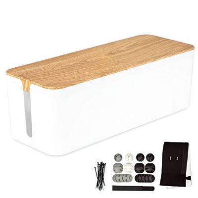 Large Cable Management Box - White Cord Organizer and Hider for Wires, Power Strips, Surge Protectors & More - Includes Cable Sleeve, Hook and Loop Keepers, Zip Ties & Clips