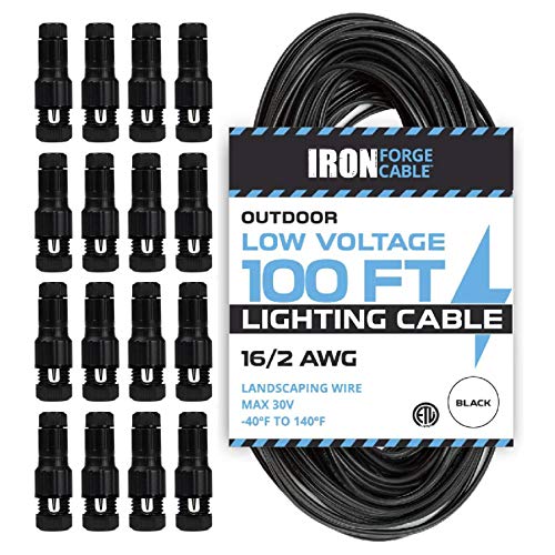 16/2 Low Voltage Landscape Wire with 16 Connectors - 100ft Outdoor Low-Voltage Cable for Landscape Lighting, Black