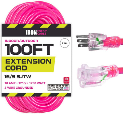 100 Ft Outdoor Extension Cord - 16/3 SJTW Durable Pink Cable with 3 Prong Grounded Plug for Safety