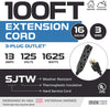 100 Ft Black Extension Cord with 3 Electrical Power Outlets - 16/3 SJTW Durable Cable with 3 Prong Grounded Plug for Safety