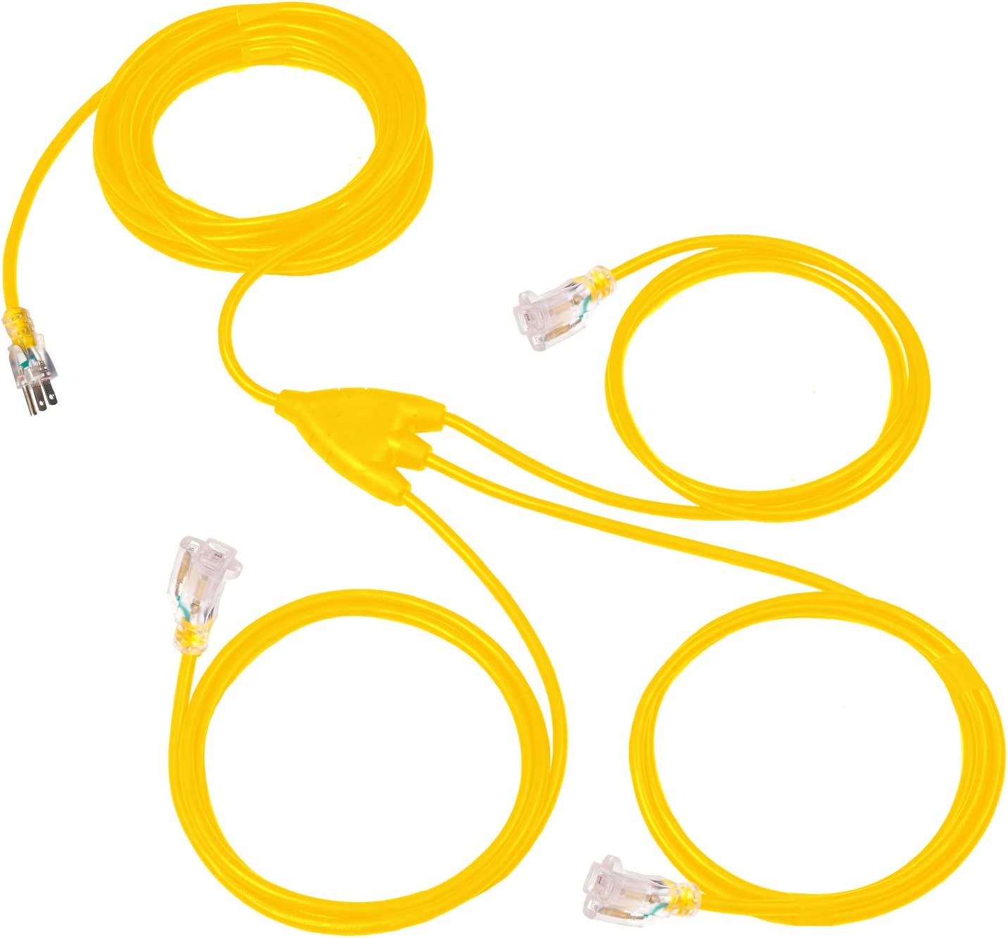 1 to 3 Extension Cord Splitter - 25 Foot Yellow Power Squid-12/3 Lighted Outdoor