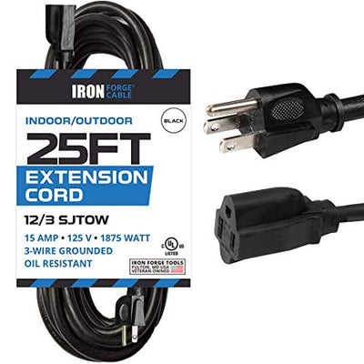 25 Ft Black Oil Resistant Extension Cord for Farms and Ranches - 12/3 SJTOW Heavy Duty Outdoor Cable with 3 Prong Grounded Plug for Safety