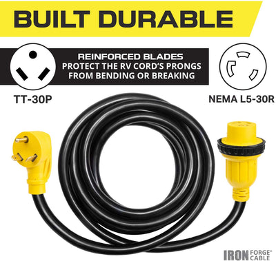 Iron Forge Cable 30 Amp RV Extension Cord 50 Ft - 10/3 STW TT-30P to NEMA L5-30R 125v RV Power Cord