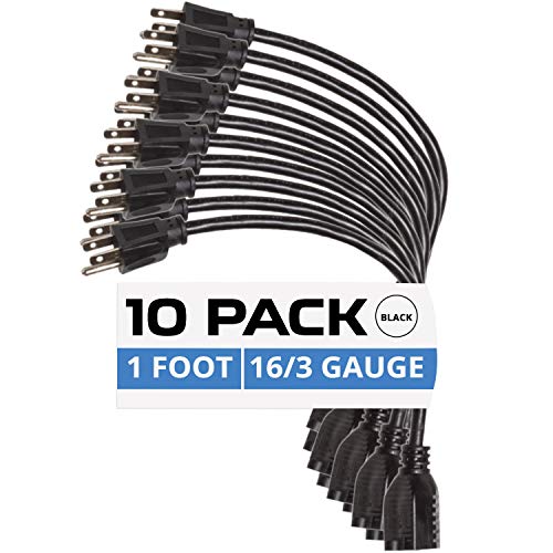 10 Pack of 1 Foot Black Extension Cords - 16/3 SJT Durable Electrical Extension Cord Set