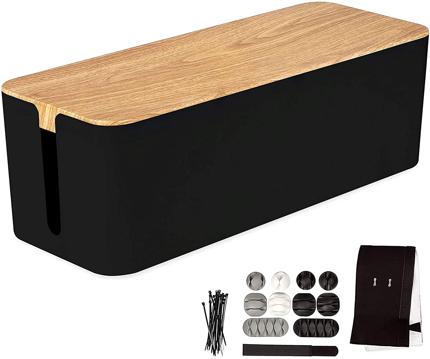 Large Cable Management Box - Black Cord Organizer with Wood Print