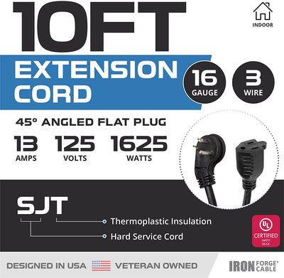 10 Ft Extension Cord with 45¬∞ Angled Flat Plug - 16/3 SJT Low Profile Durable Black Indoor Cable