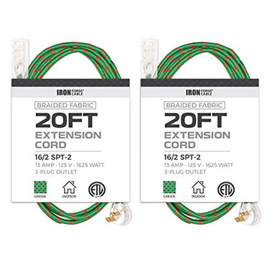 20Ft Fabric Extension Cord 2 Pack - 16/2 SPT-2 Green Braided Cloth Electrical Power Cable Set