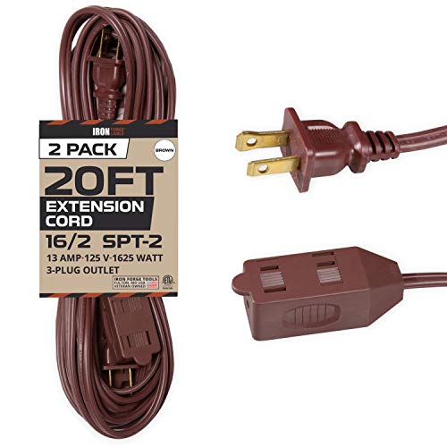20 Ft Brown Extension Cord 2 Pack - 16/2 Durable Electrical Cable