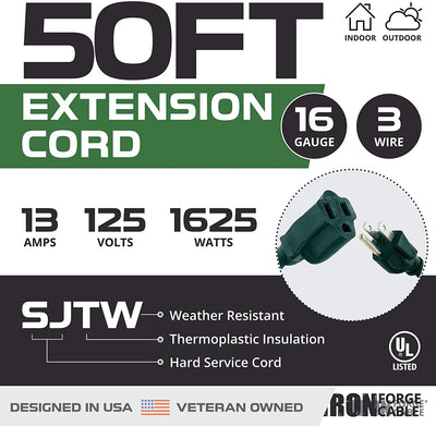 50 Ft Outdoor Extension Cord - 16/3 Durable Green Cable