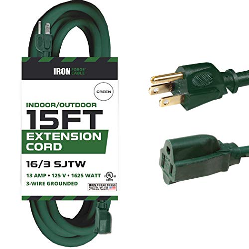 15 Foot Outdoor Extension Cord - 16/3 SJTW Durable Green Extension Cable with 3 Prong Grounded Plug for Safety - Great for Garden and Major Appliances